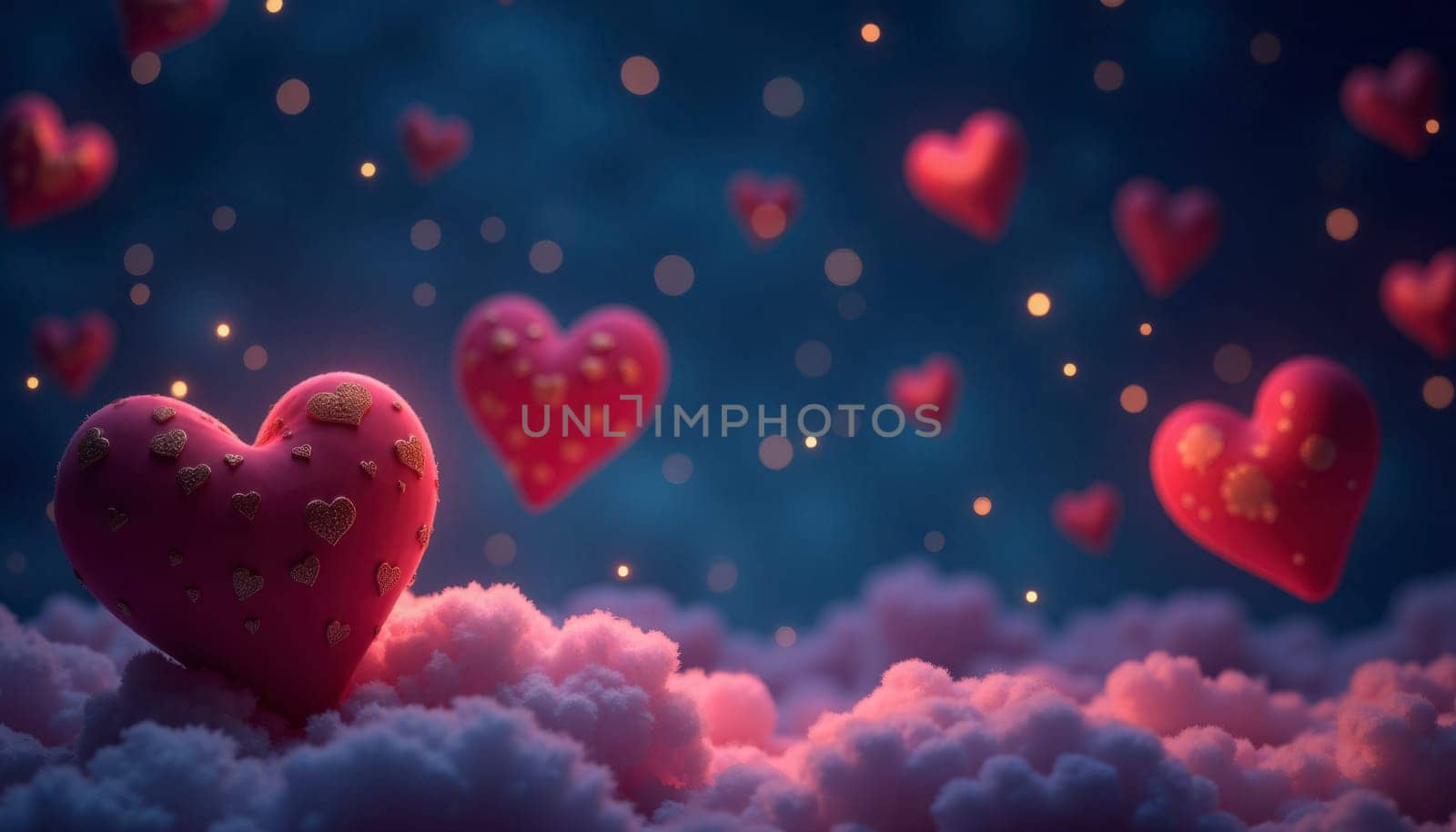 A collection of red hearts floating in the sky. Concept of love and warmth, as the hearts are scattered throughout the sky, creating a dreamy and romantic atmosphere