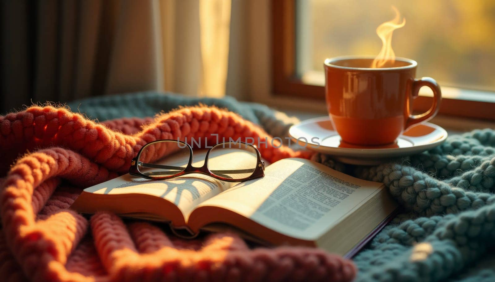 A book and a cup of coffee are on a blanket. The book is open to a page with a pair of glasses on it. Concept of relaxation and leisure
