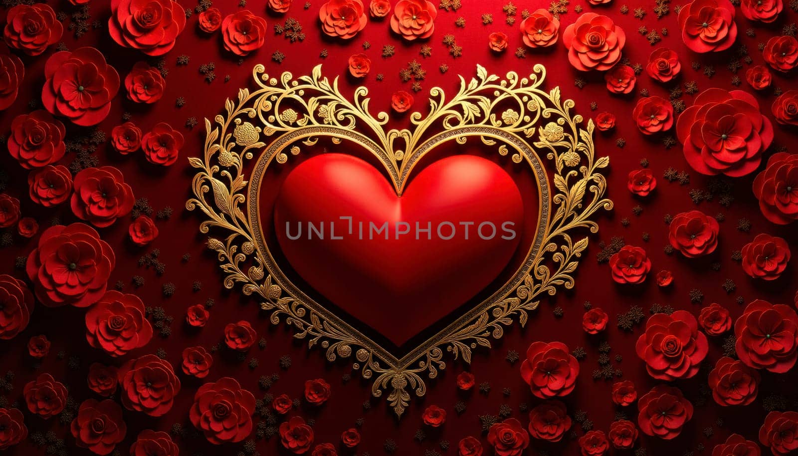 A red and gold background with a large number of red hearts and green roses scattered throughout. Scene is one of love and romance