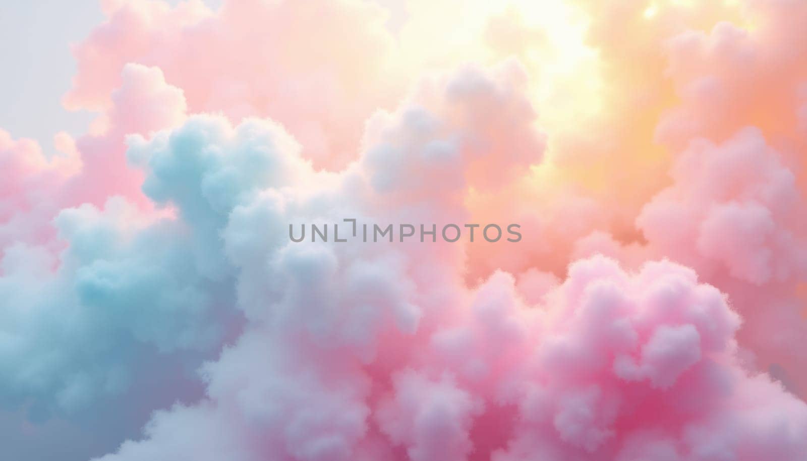 A fluffy pink cloud with a blue sky background. The cloud is full of pink and blue colors