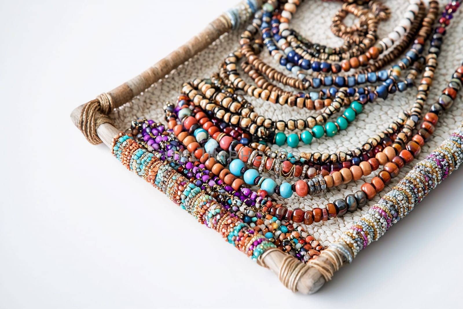 Various handcrafted beads are neatly organized on a woven tray in a creative workspace.