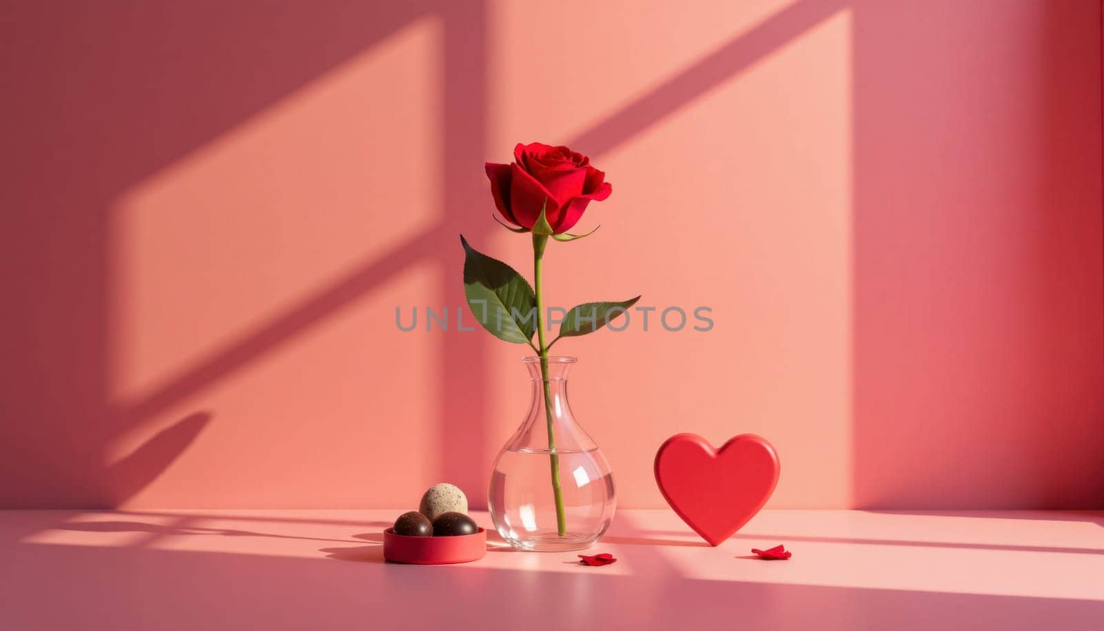 A white vase with a red rose in it sits on a table. There are two red hearts on the table, one of which is placed in a box. Concept of love and romance, with the rose