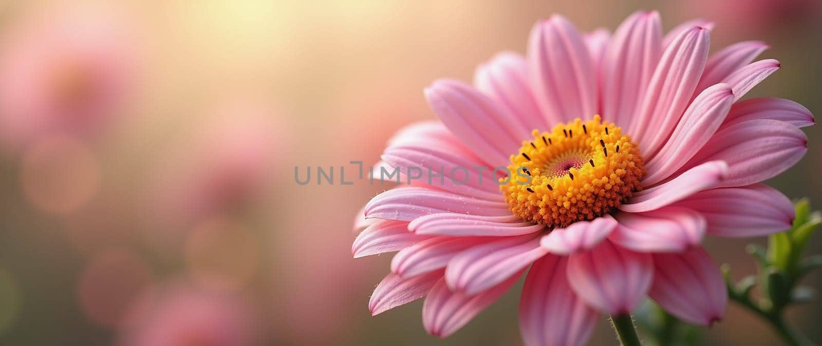 A close up of a pink flower with a yellow center. The flower is surrounded by a blurry background, giving it a dreamy, ethereal quality