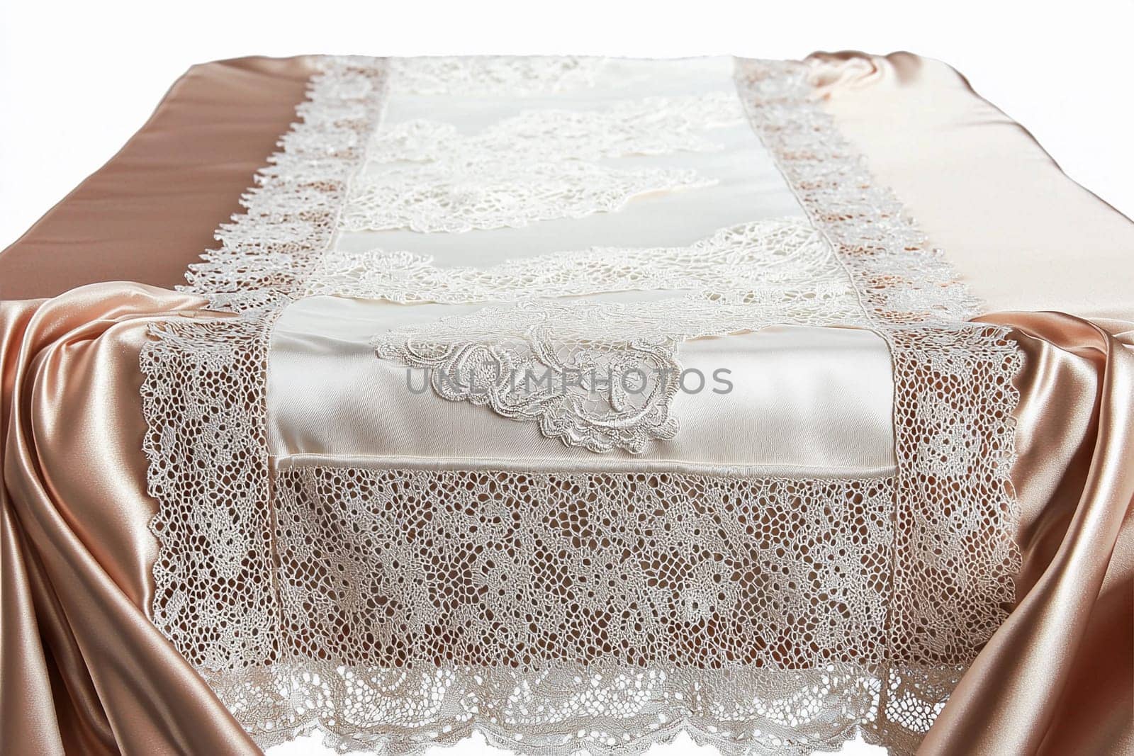 A beautifully designed satin table runner with delicate lace accents enhances any dining experience.