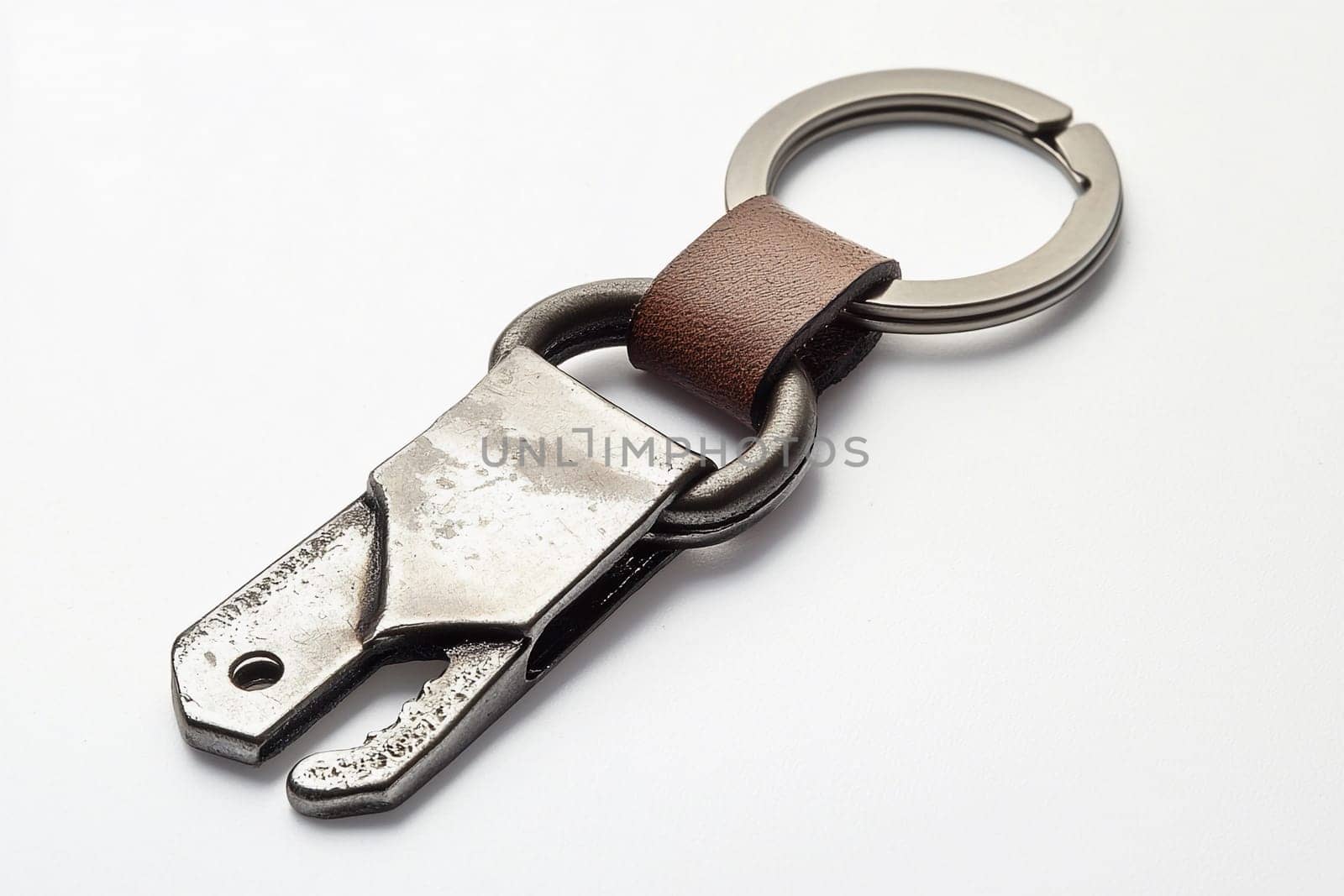 Keychain tool featuring a metal clip and leather strap, ideal for organizing keys.