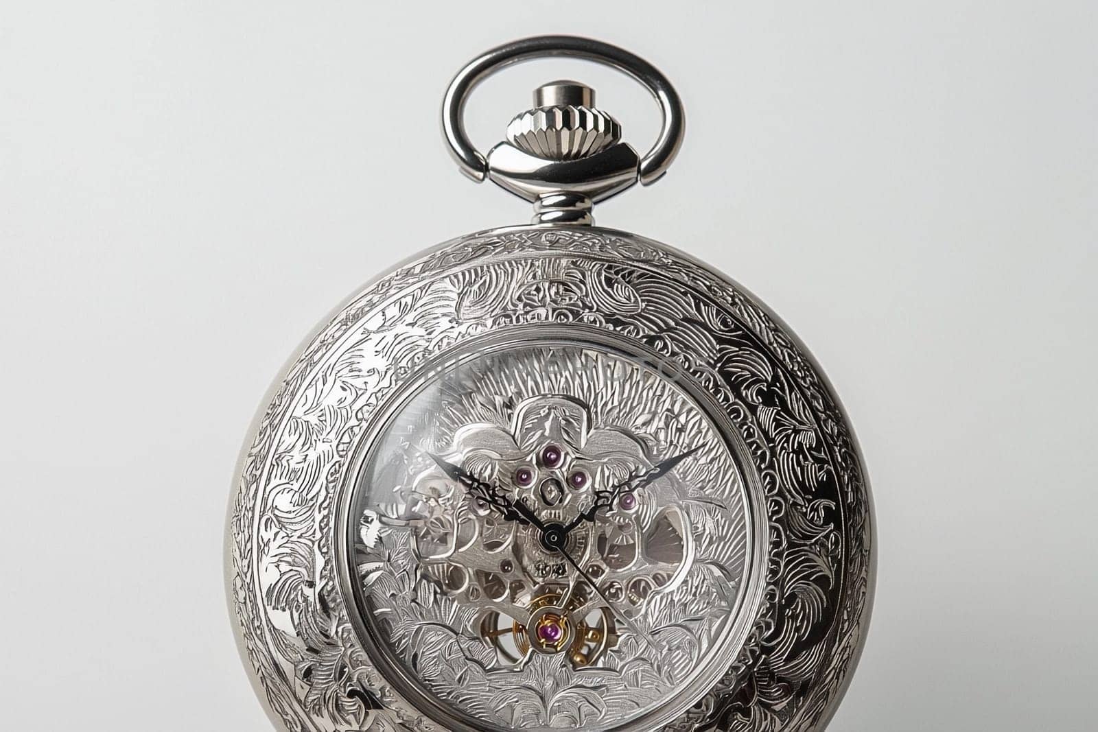 An ornate silver pocket watch showcasing intricate mechanics and beautiful designs.