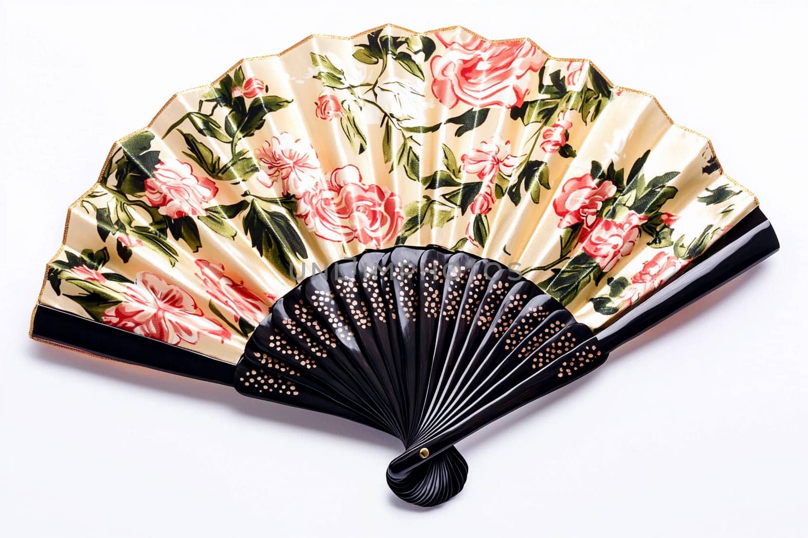 This decorative hand fan features a beautiful floral pattern, adding charm to any interior space.