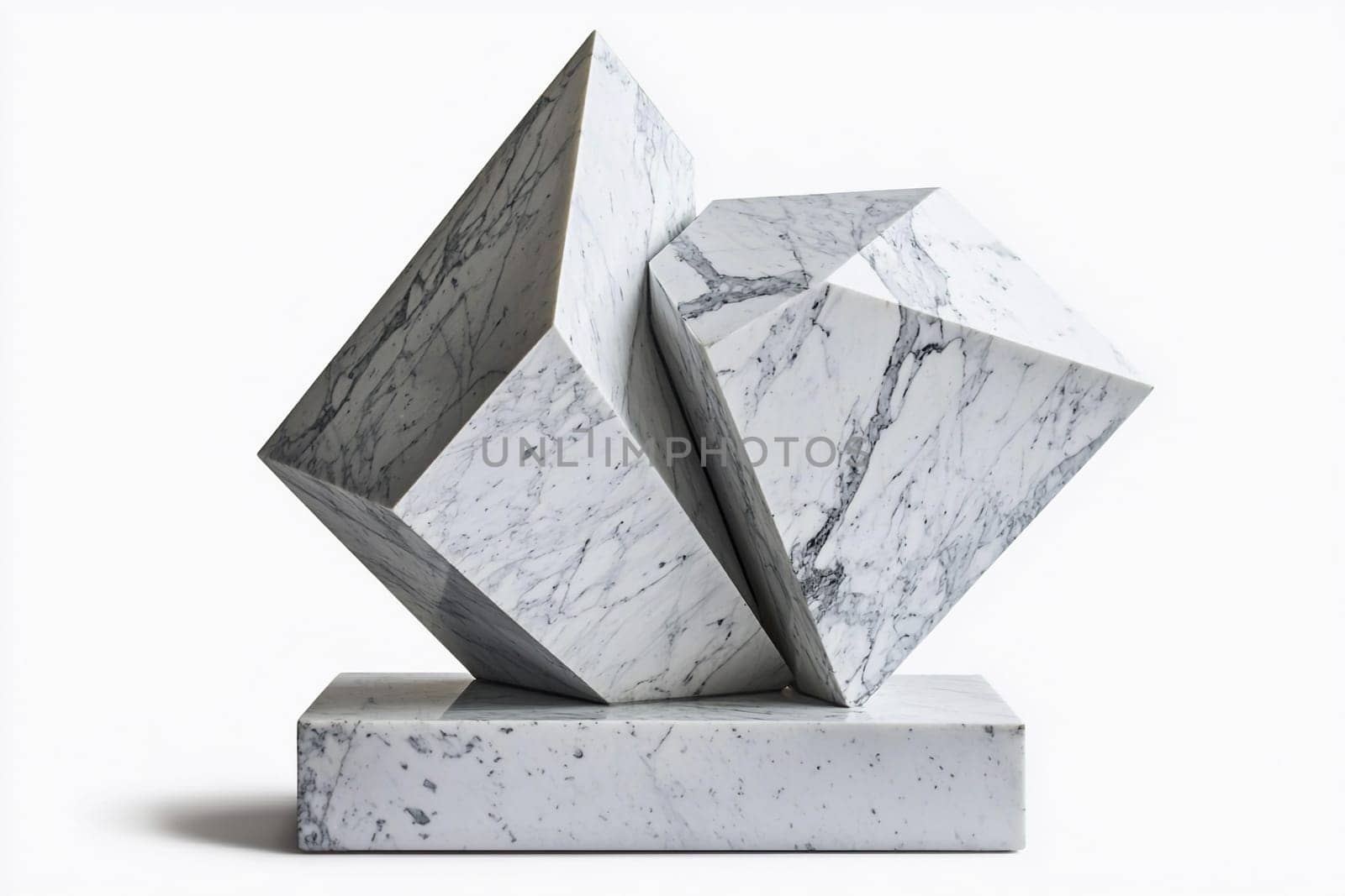 A striking modern sculpture crafted from white marble enhances the decor and ambiance of the room.