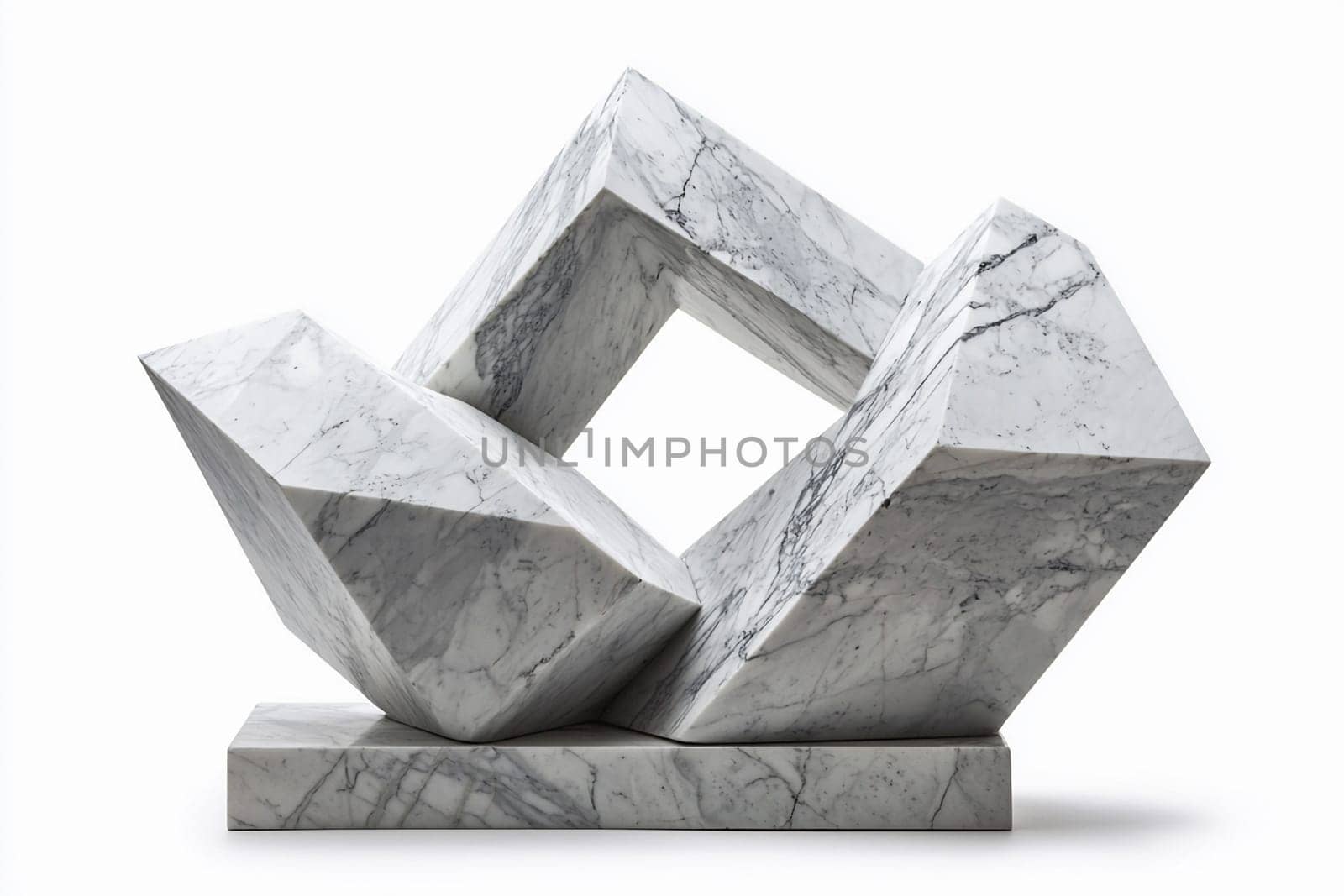 A sleek marble sculpture of abstract shapes captures modern art's elegance.