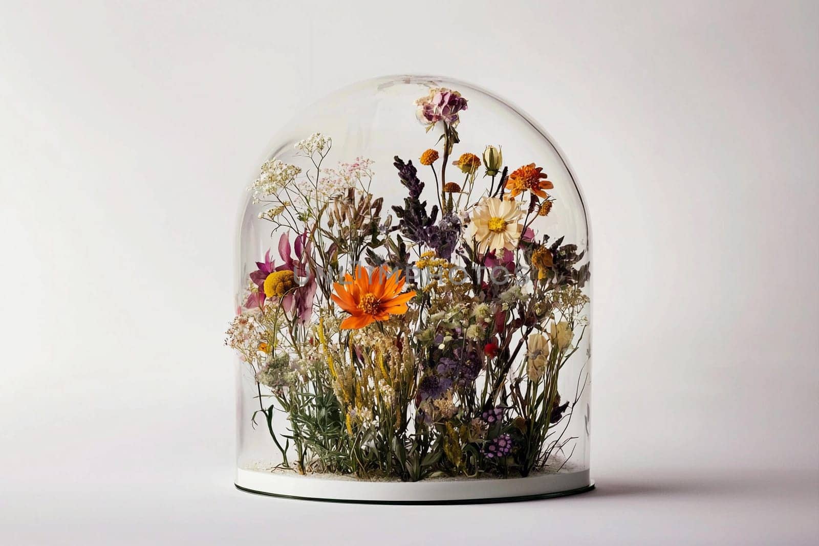 A colorful mix of dried flowers under a glass dome adds charm to the decor.