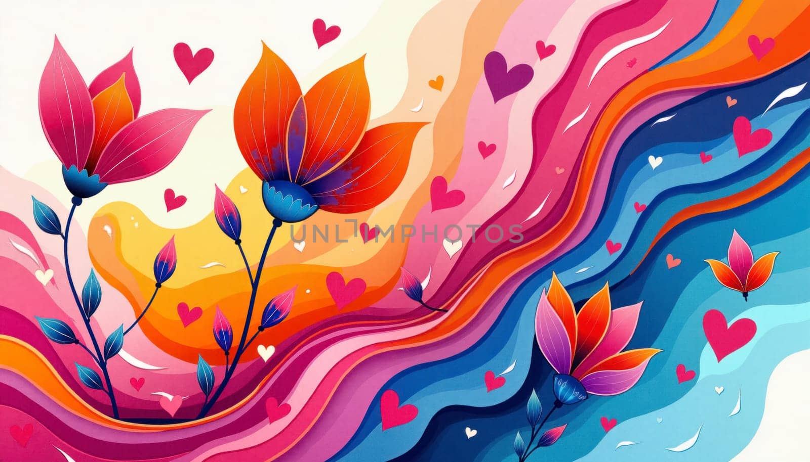 A colorful painting of flowers and hearts with a blue and pink river. The painting is full of vibrant colors and has a happy, joyful mood