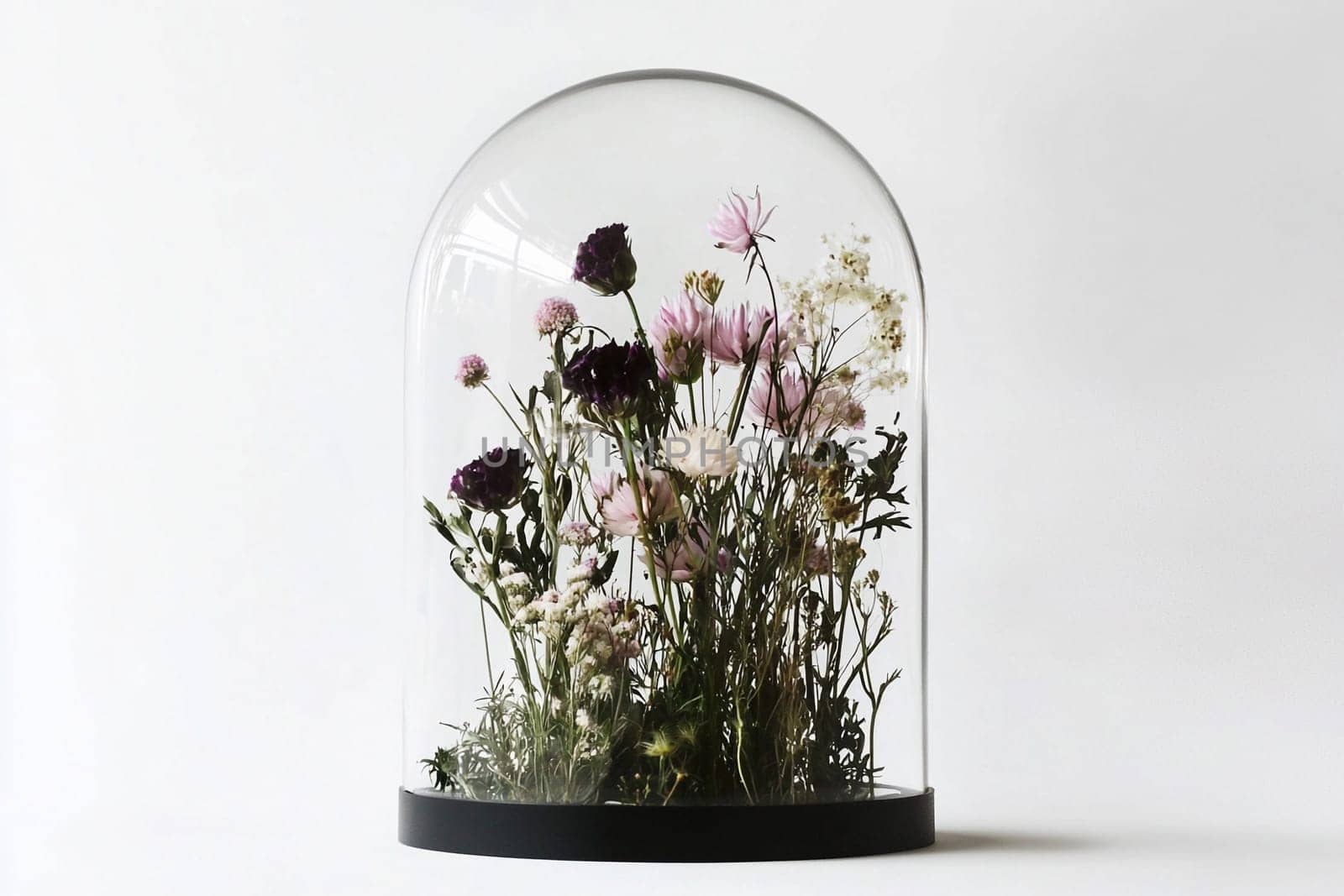 Colorful preserved flowers arranged under a glass dome create a striking decorative piece.