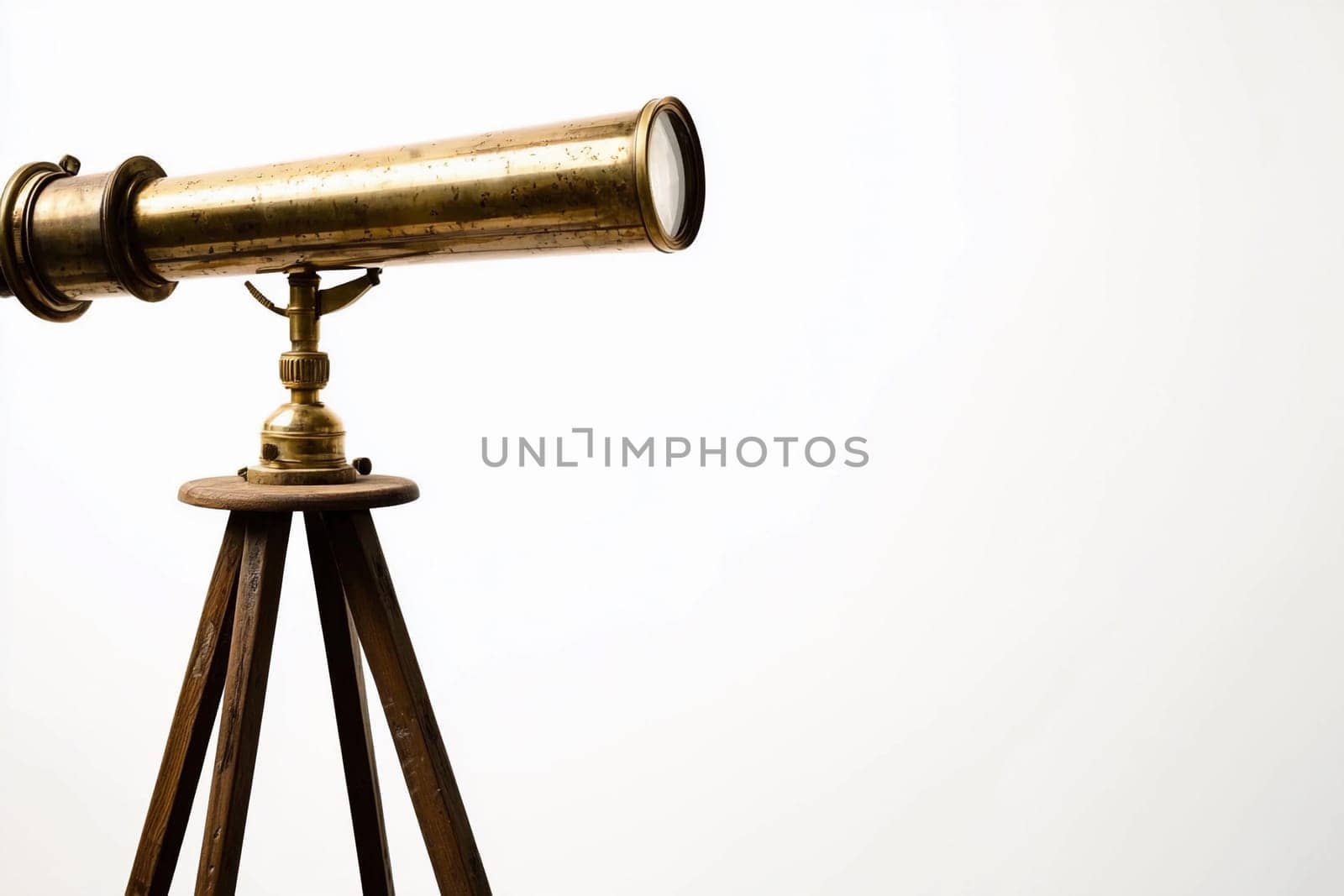 A brass telescope stands on an elegant wooden tripod, inviting exploration and adventure.