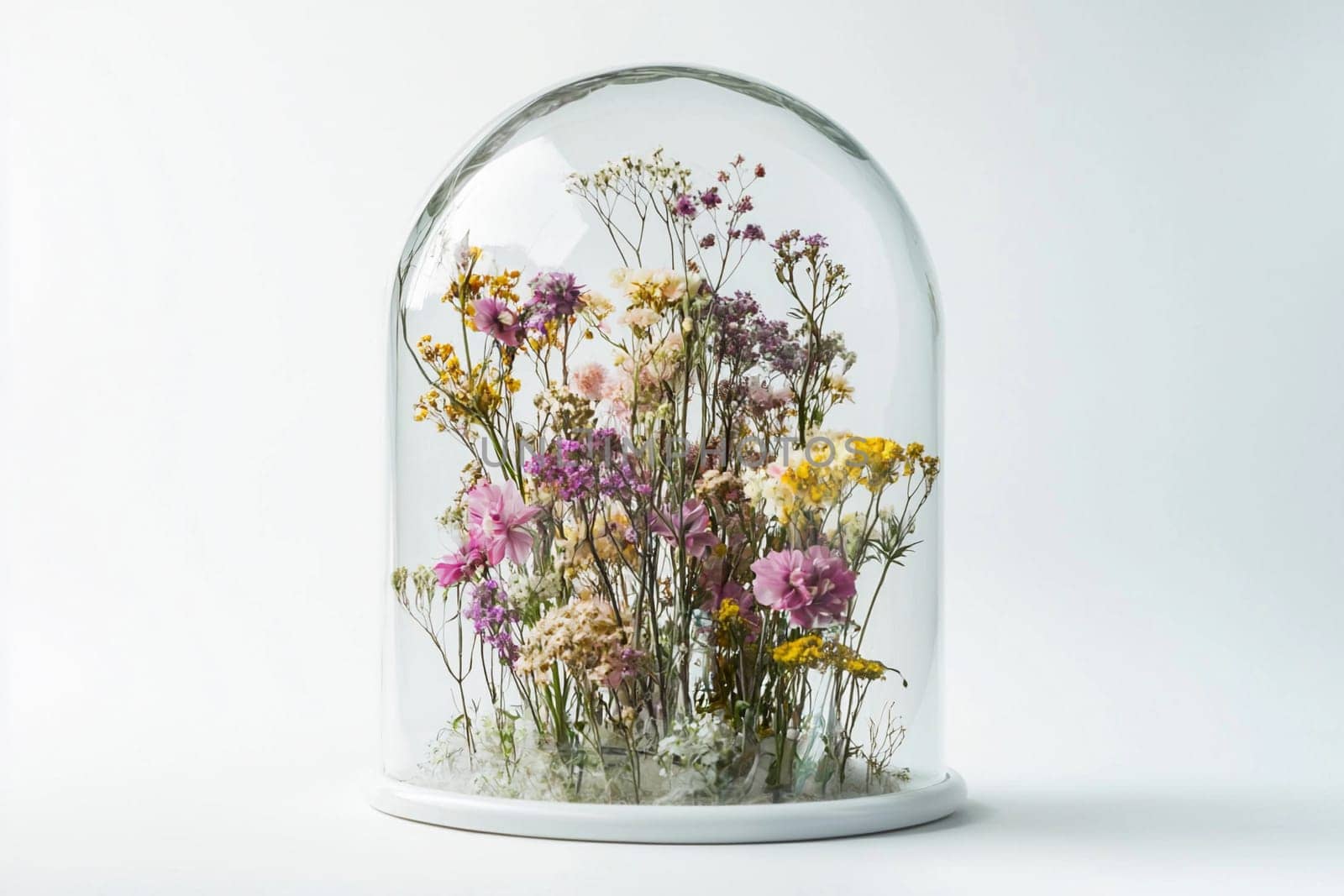Dried flowers in a glass dome beautifully enhance home decor.