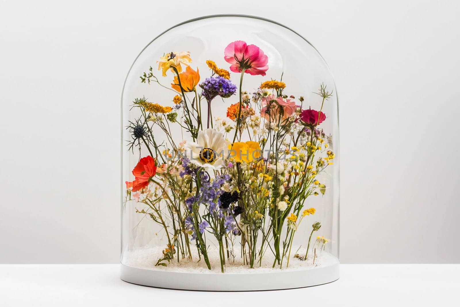 A beautiful arrangement of dried flowers is showcased under a glass dome, enhancing interior decor.