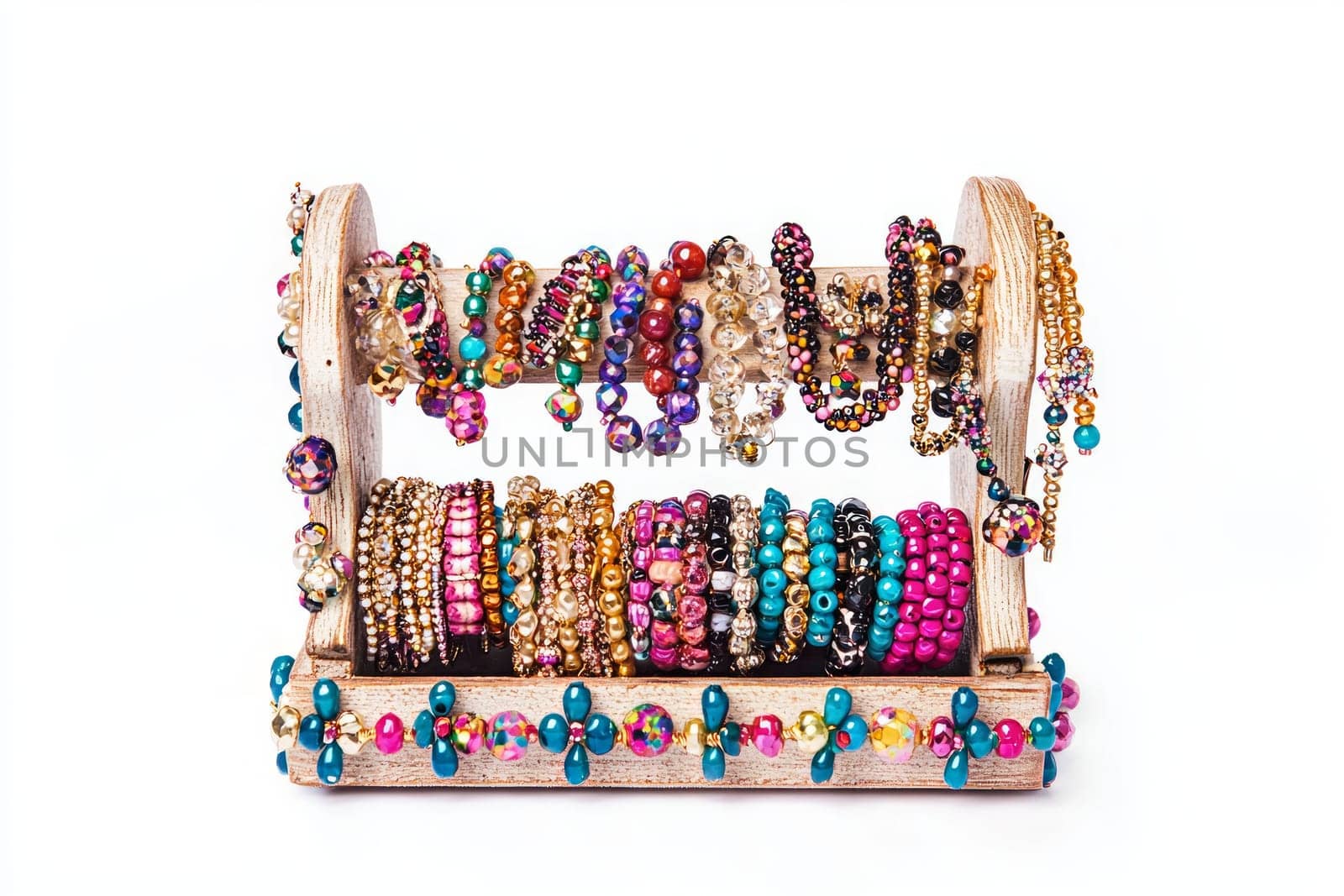 Decorative bracelets in vibrant colors and unique designs are neatly displayed on a wooden stand.