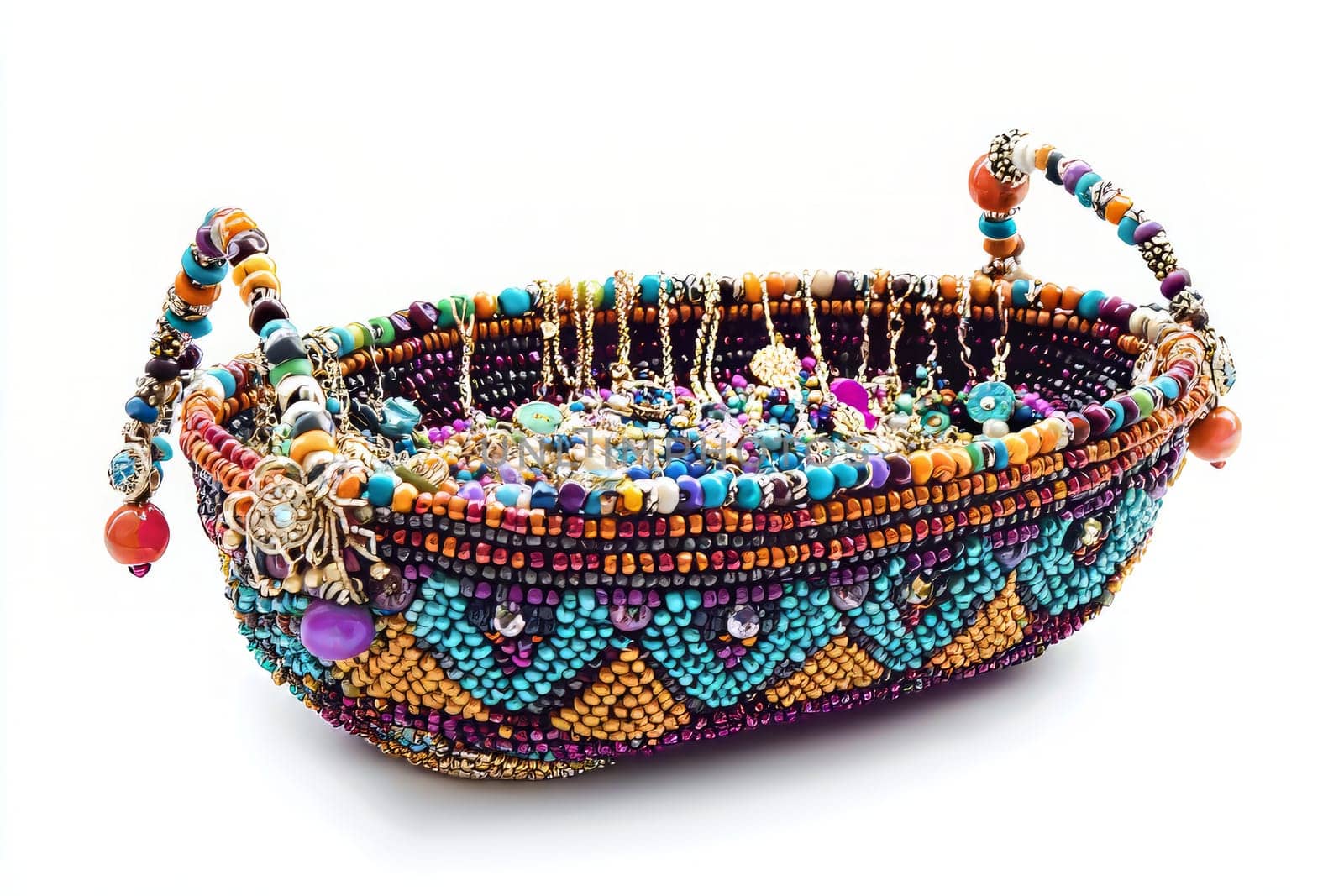 A lovely basket holds vibrant jewelry, featuring intricate designs and textures.