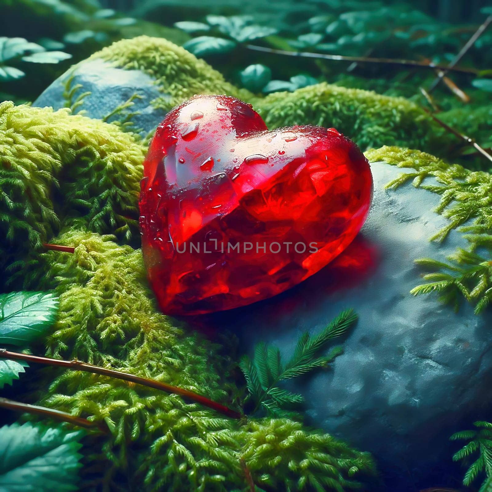 Bright red heart on lush moss in a mystical forest landscape. A symbol of love, closeness to nature and romance in a magical atmosphere.