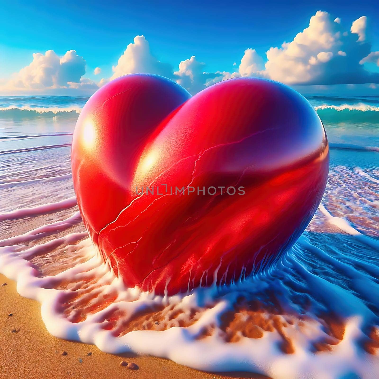 Shining red heart on the beach, lapped by gentle ocean waves in the sunshine. Romantic, dreamlike backdrop full of love and longing.