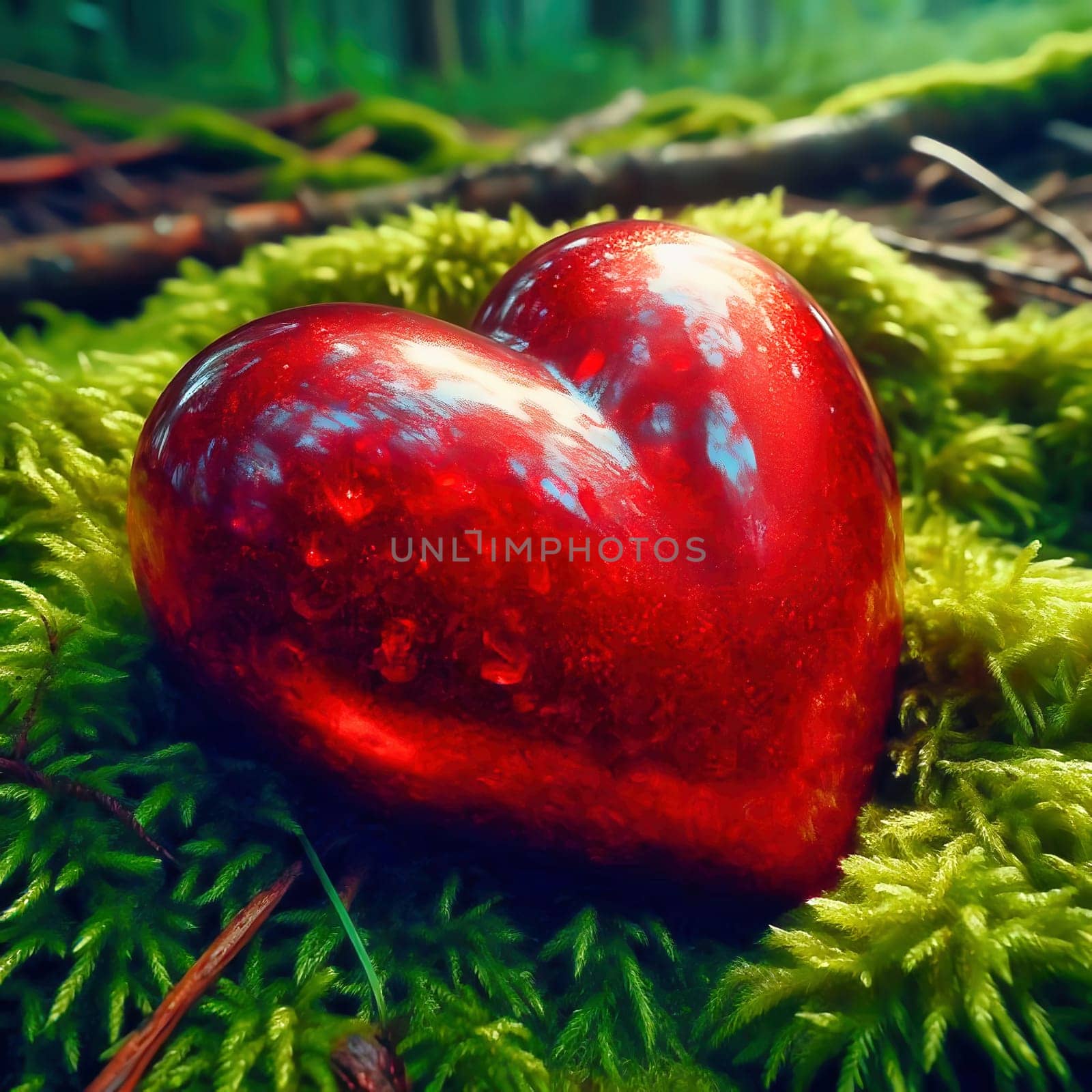Bright red heart on lush moss in a mystical forest landscape. A symbol of love, closeness to nature and romance in a magical atmosphere.