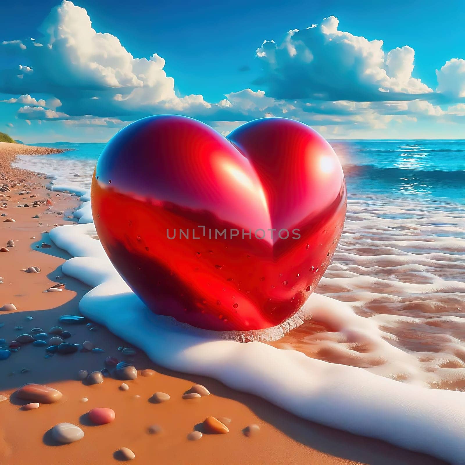 Shining red heart on the beach, lapped by gentle ocean waves in the sunshine. Romantic, dreamlike backdrop full of love and longing.