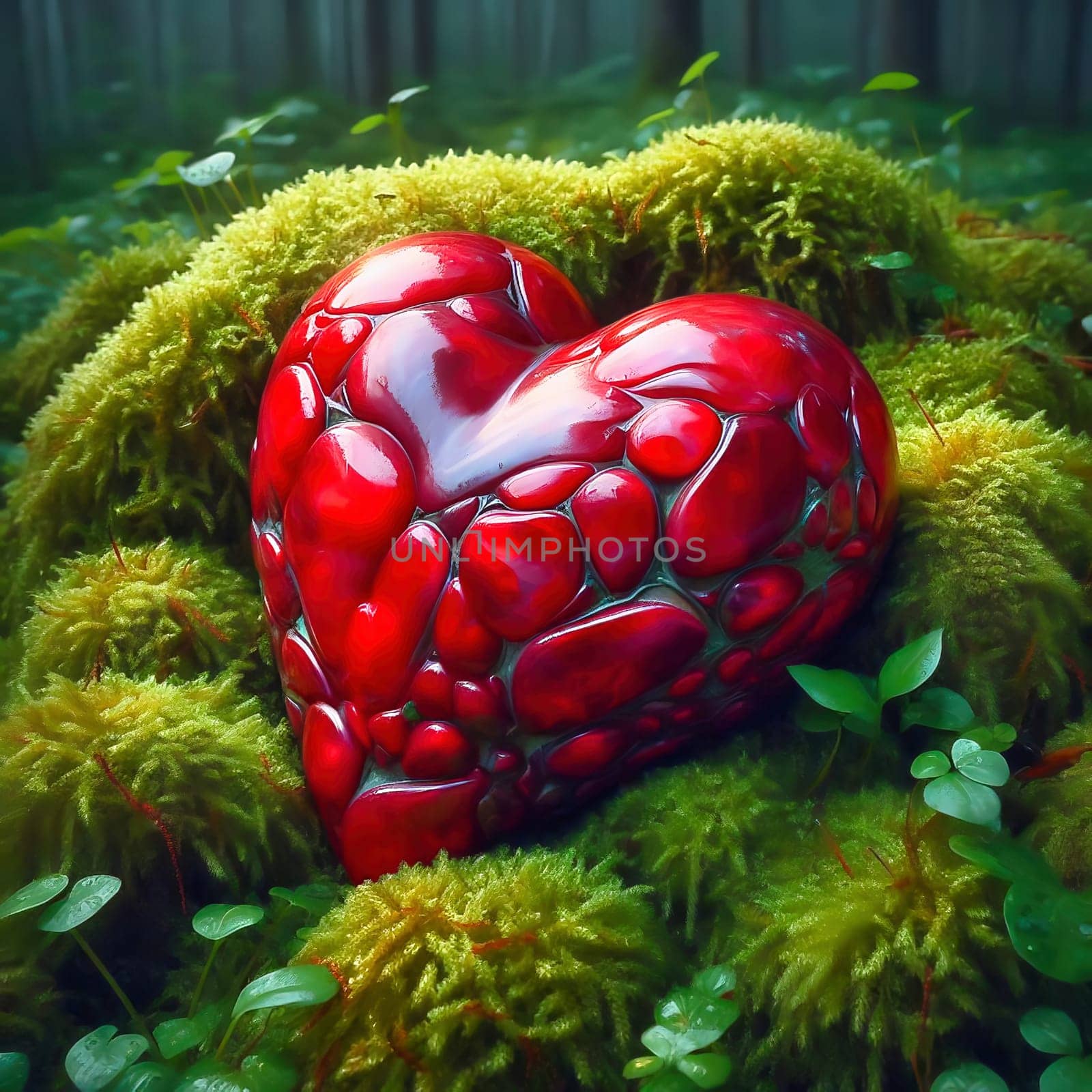 Bright red heart on lush moss in a mystical forest landscape. A symbol of love, closeness to nature and romance in a magical atmosphere.