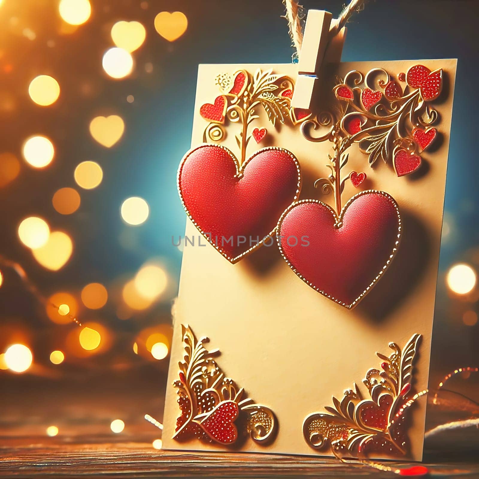Romantic Valentine's Day card with two hearts, golden embellishments and twinkling lights. Perfect for love, weddings, anniversaries or special occasions.