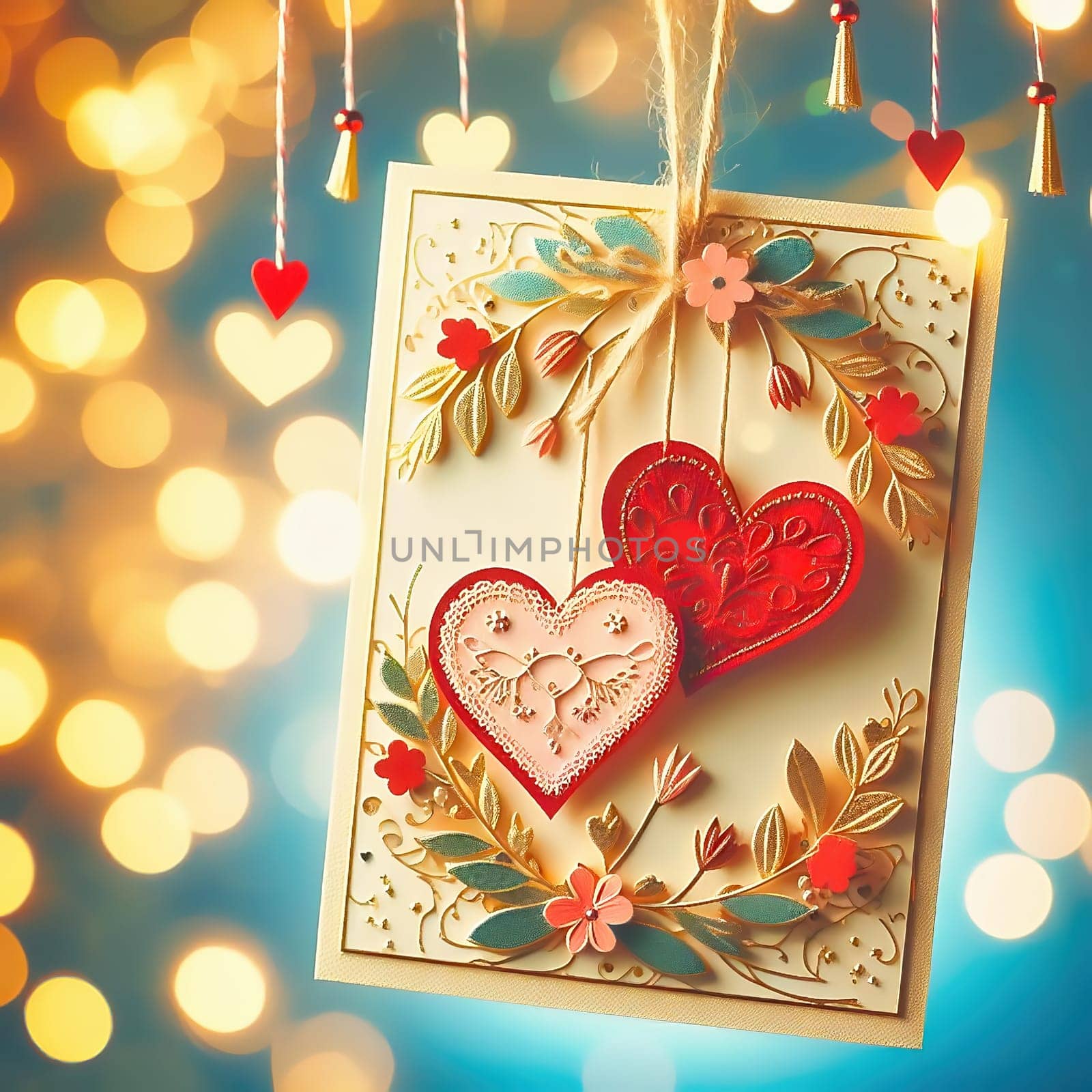 Romantic Valentine's Day card with two hearts, golden embellishments and twinkling lights. Perfect for love, weddings, anniversaries or special occasions.