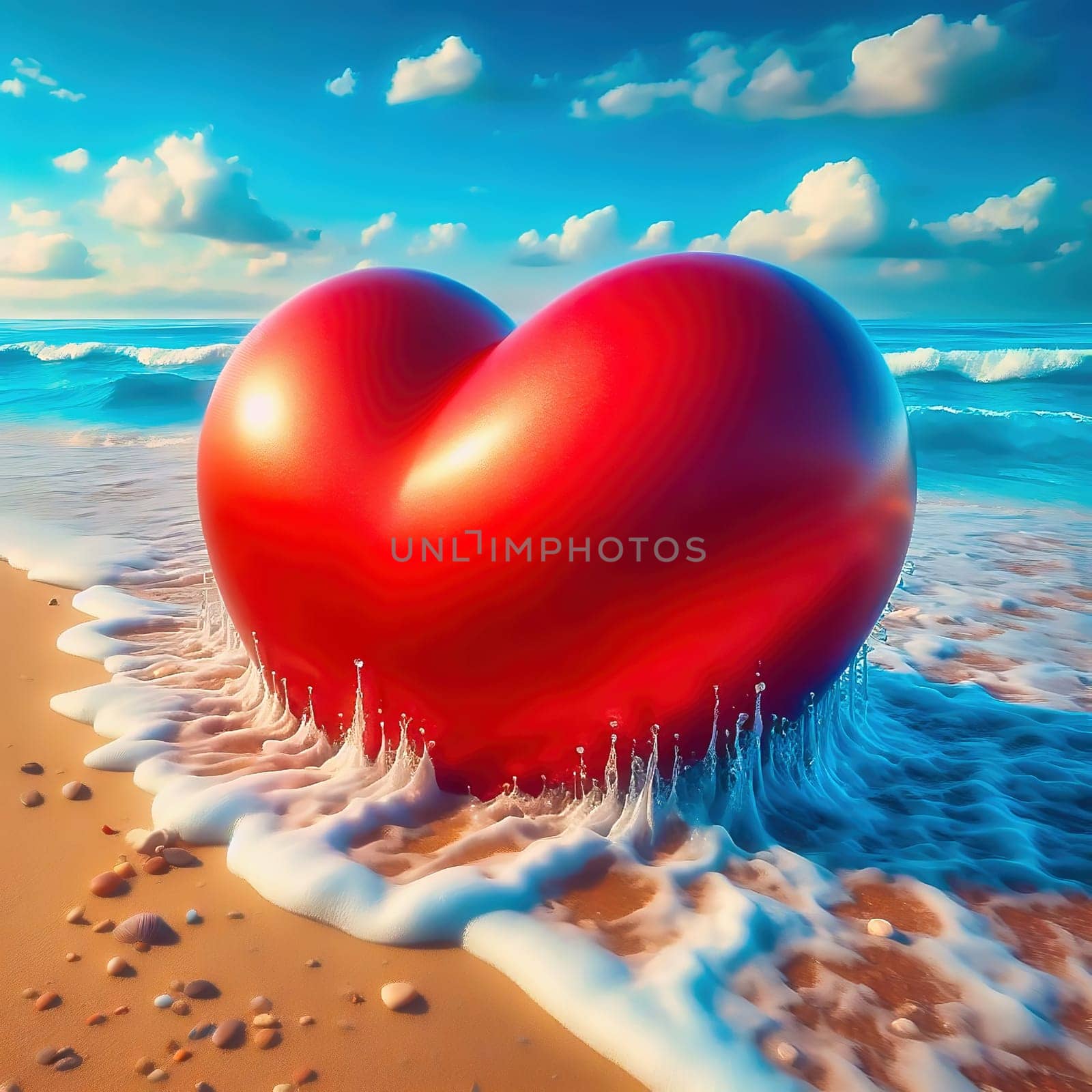 Shining red heart on the beach, lapped by gentle ocean waves in the sunshine. Romantic, dreamlike backdrop full of love and longing.