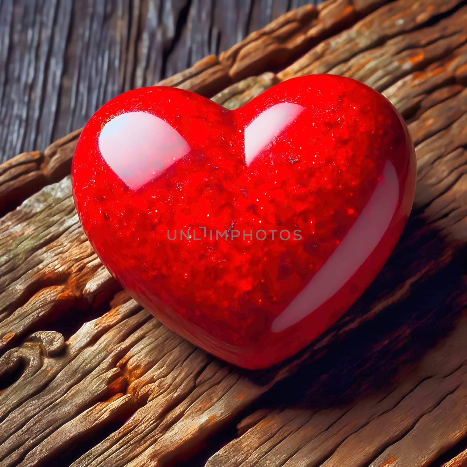 Shiny red heart on a rustic wooden table, romantic declaration of love for Valentine's Day. Romantic and warm atmosphere with vintage charm.