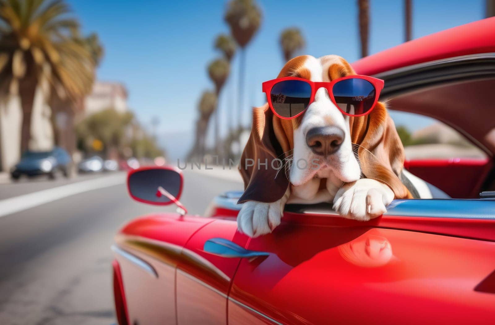 Basset hound in red glasses driving a car in the city