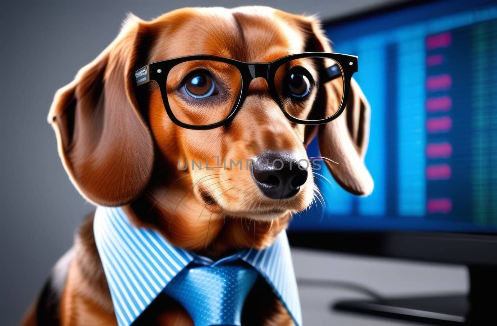 A dachshund, a small toy dog breed, with fawn fur and whiskers, wearing glasses and a tie, is sitting in front of a computer screen