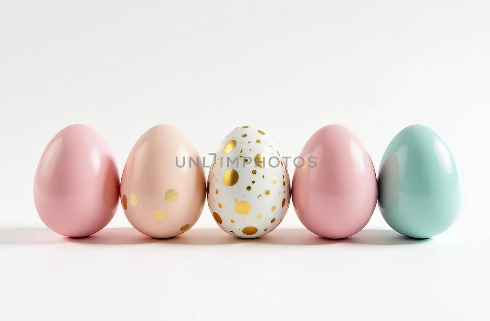 Five elegantly decorated Easter eggs in pastel shades with gold decor on a white background, a symbol of Easter and spring. AI generated.