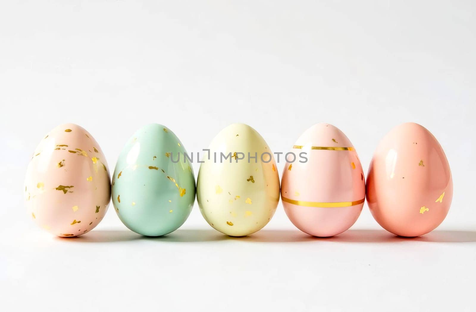 Five elegantly decorated Easter eggs in pastel shades with gold decor on a white background, a symbol of Easter and spring. AI generated.