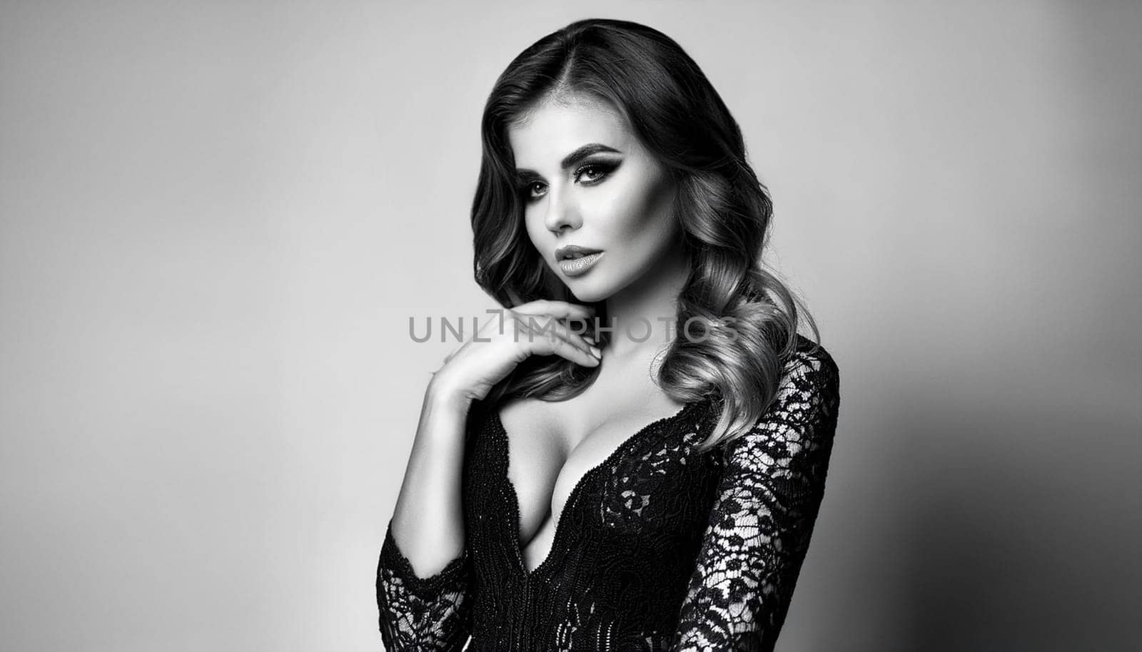 pretty young woman in black lace dress in black and white, AI generated image