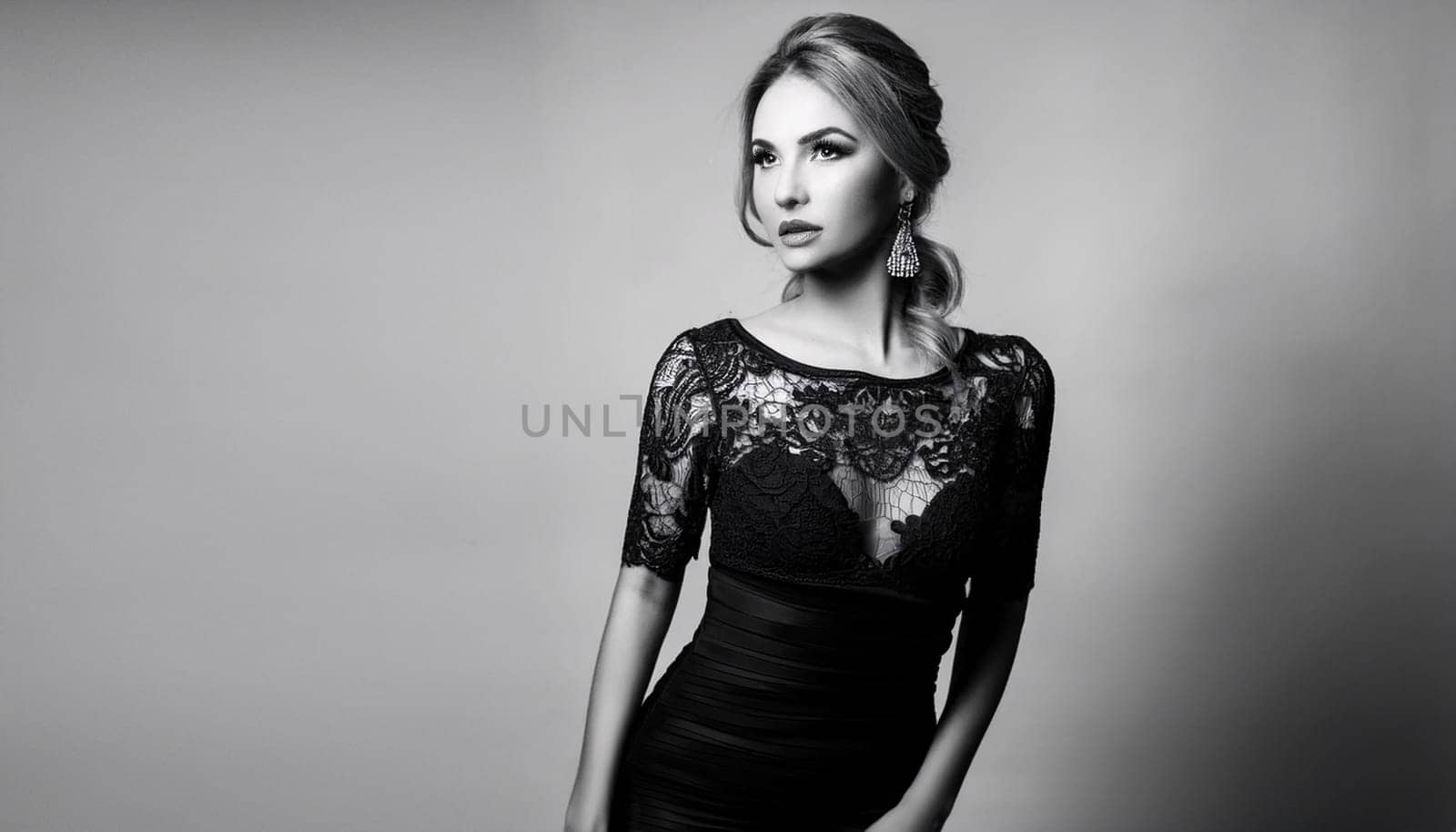 pretty young woman in black lace dress in black and white, AI generated image