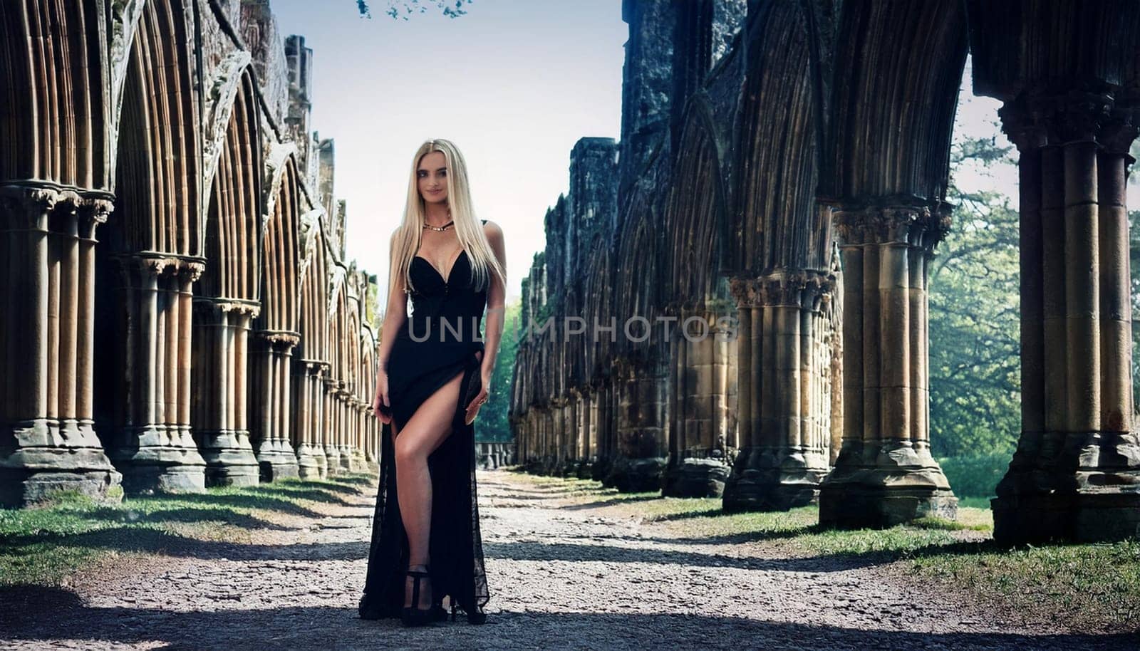 pretty young goth woman in gothic cathedral ruins, AI generated image