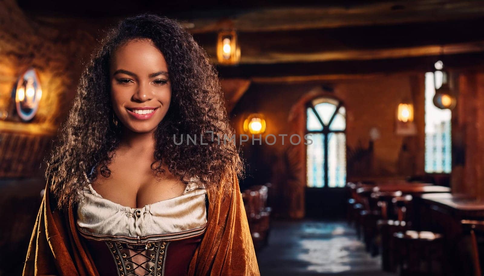 pretty young medieval woman in tavern, AI generated image