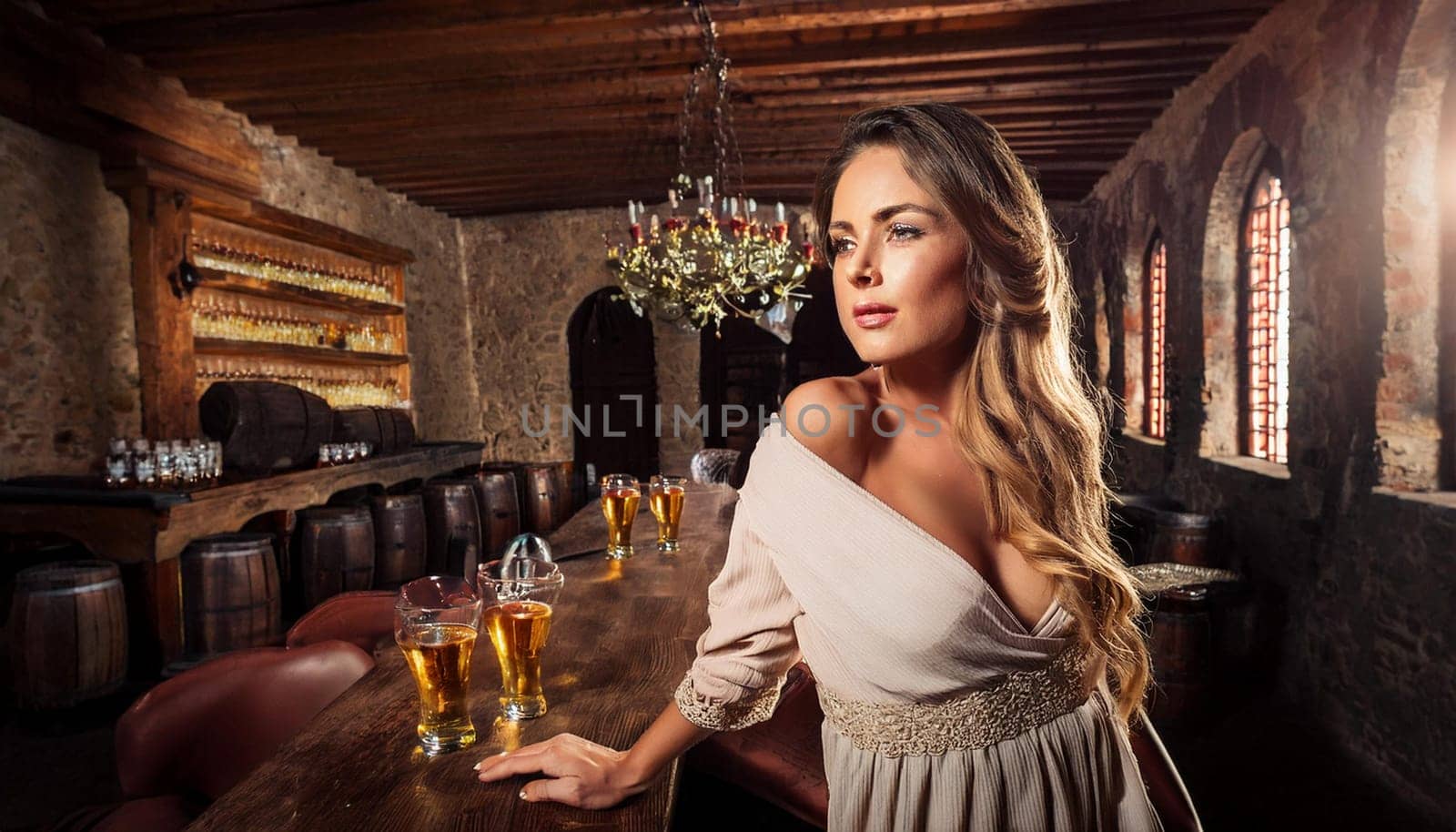 pretty young medieval woman in tavern, AI generated image