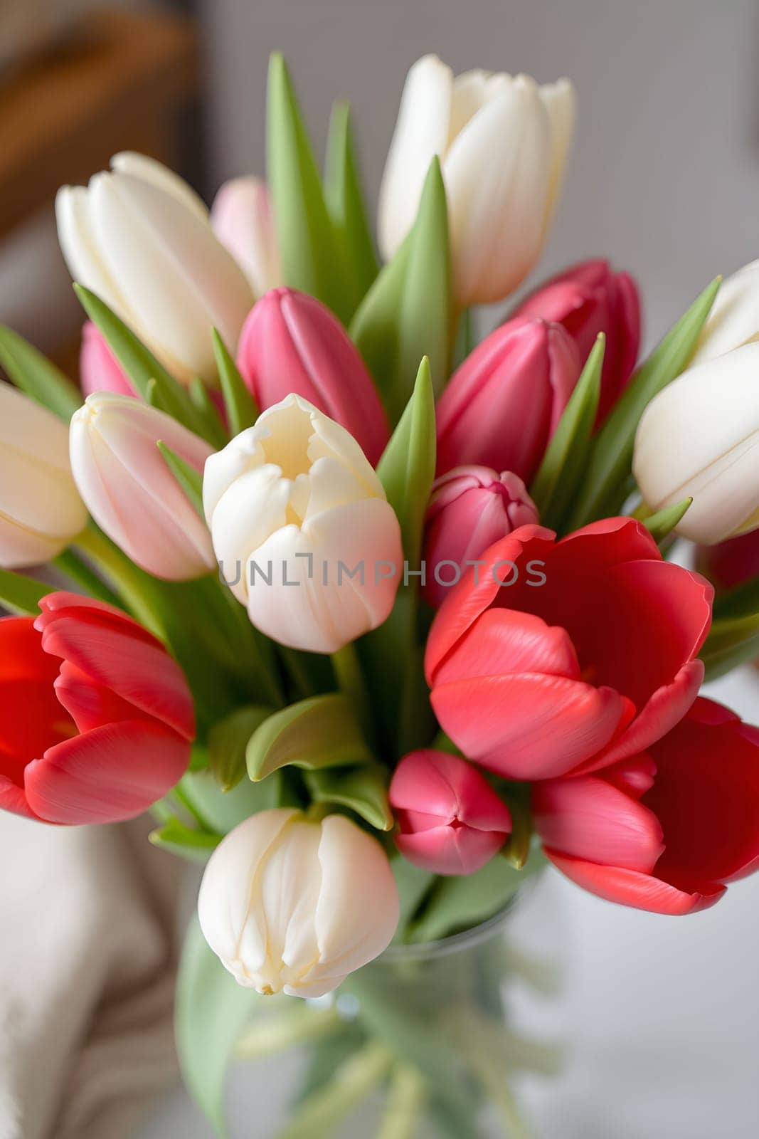 tulip bouquet flowers nature spring flora red white green plants biology botanical garden generated ai alt. High quality 3d illustration