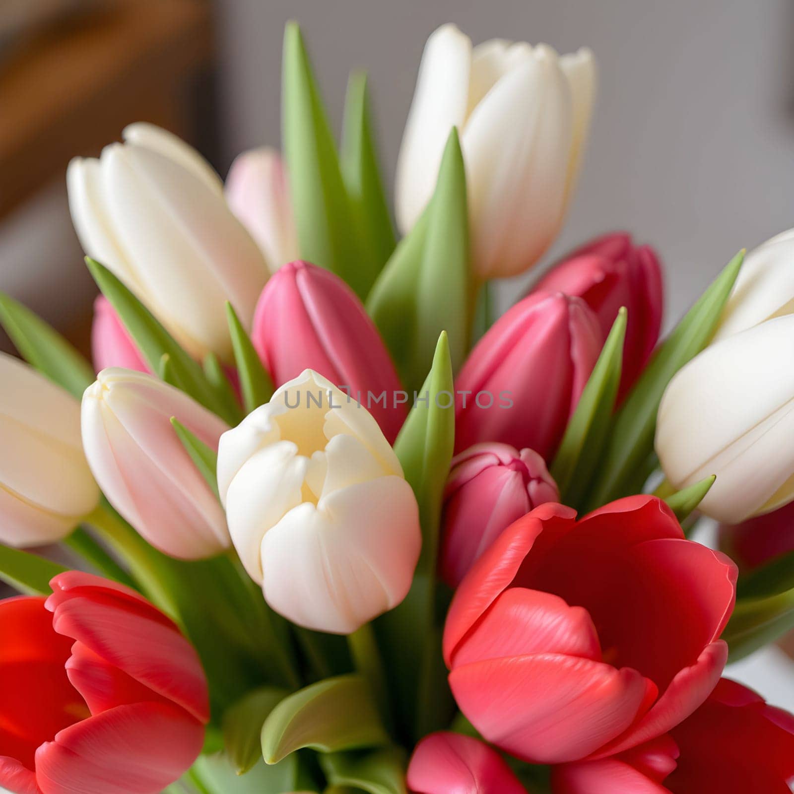 tulip bouquet flowers nature spring flora red white green plants biology botanical garden generated ai alt. High quality 3d illustration