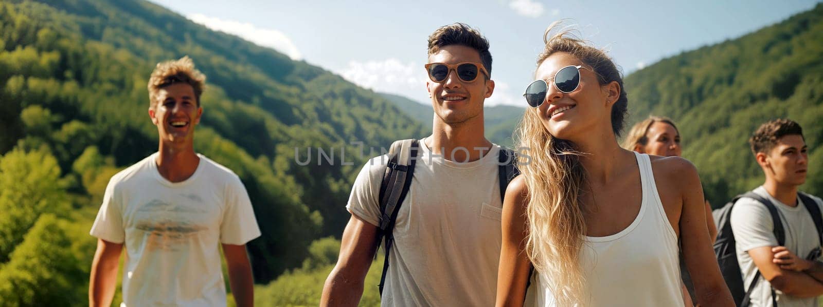 A group of five friends walks along a mountain trail, smiling and laughing while enjoying the fresh air and beautiful scenery - Generative AI