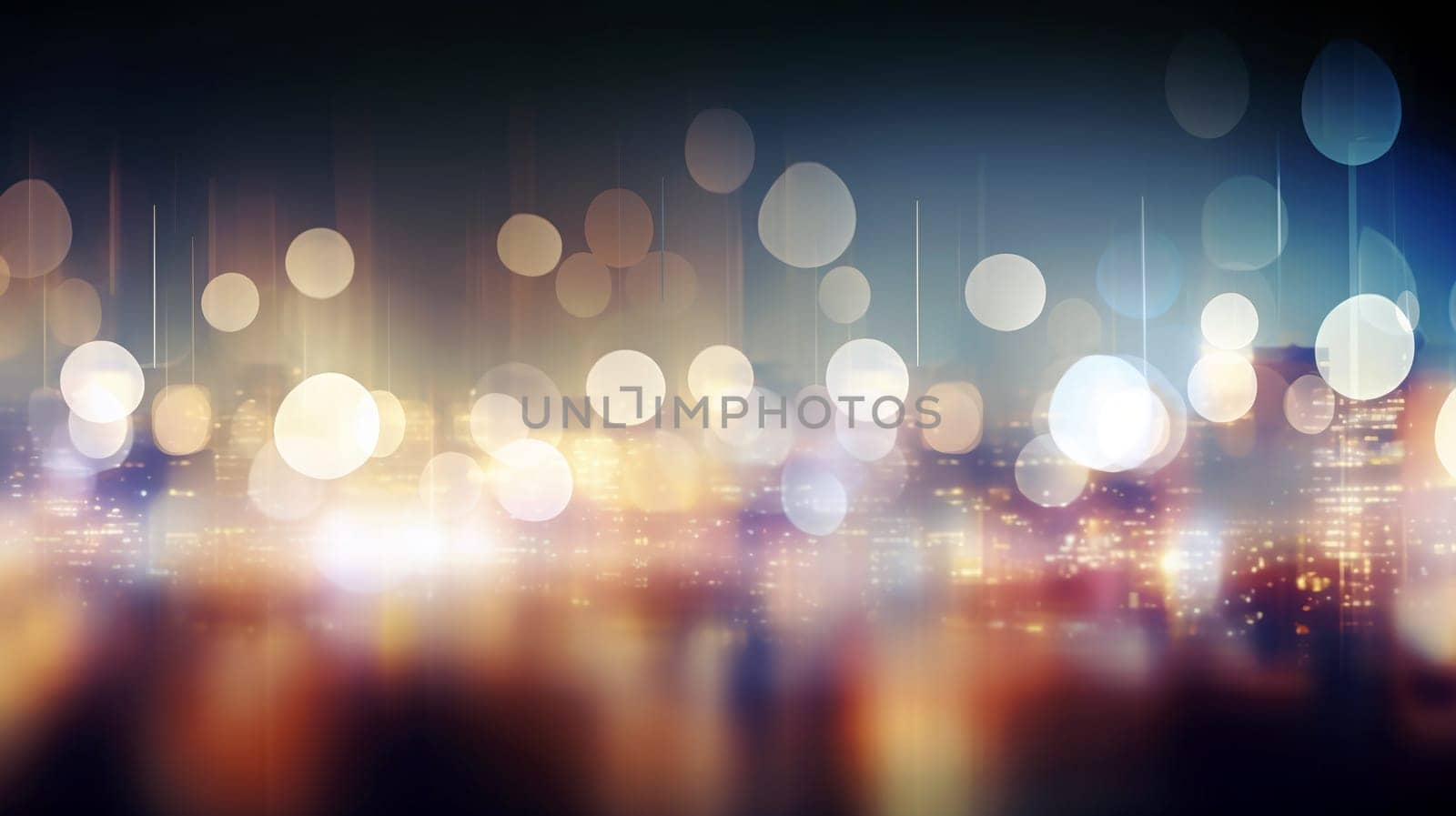 Bright city lights create a dreamy atmosphere against a blurred skyline, showcasing a lively urban night with soft bokeh effects.