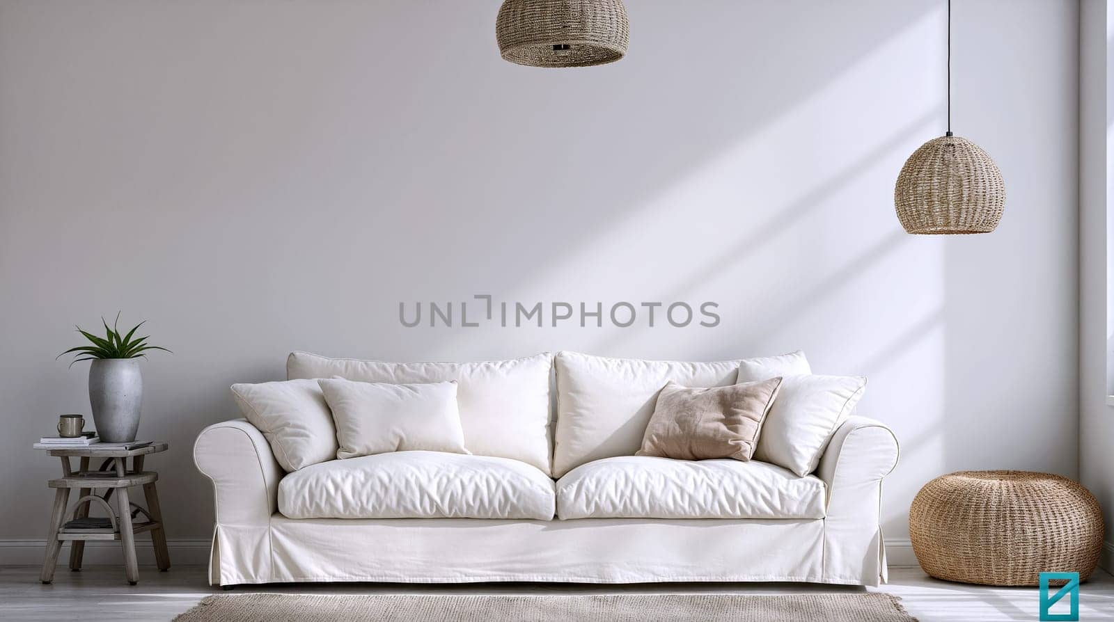 A bright living space showcases a white sofa adorned with cushions, complemented by woven pendant lights and potted plants, creating a peaceful scandinavian setting - Generative AI