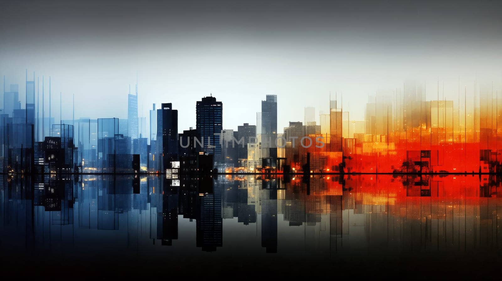 A vivid city skyline transitions from cool blue to warm orange as twilight sets in. Reflections shimmer on the water, capturing the city's dynamic essence - Generative AI