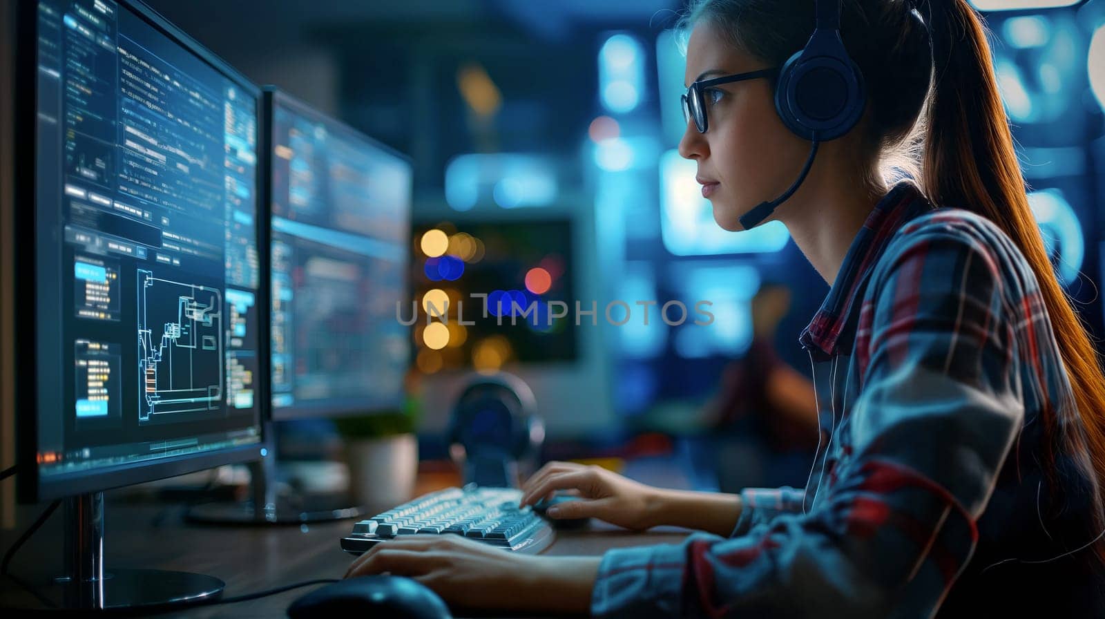 A young woman wearing headphones is intensely focused on coding and digital projects, surrounded by multiple computer screens displaying data and designs in a modern workspace - Generative AI