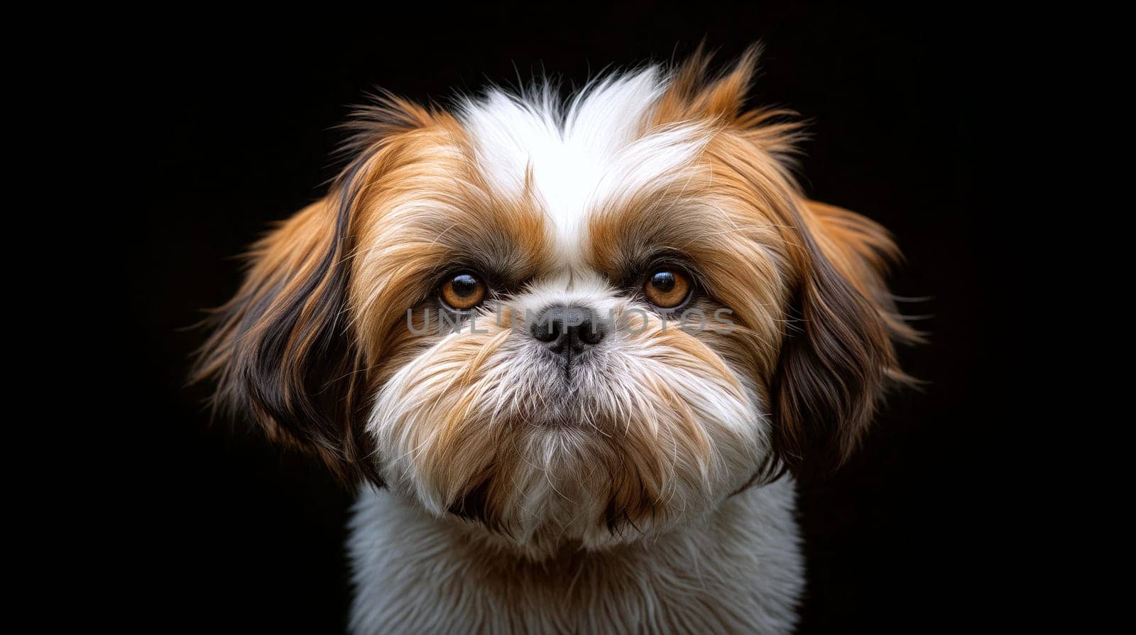 A Shih Tzu dog with unique fur and expressive eyes poses in a serene manner, showcasing its cute features and playful spirit - Generative AI