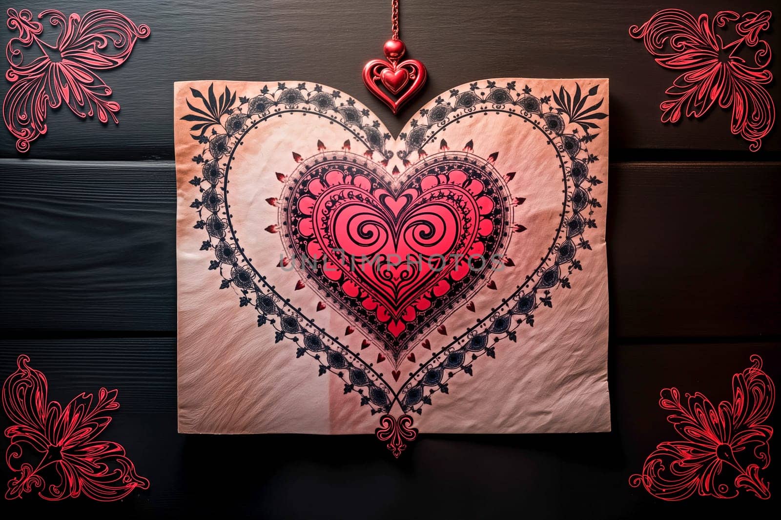 Elegant heart with baroque patterns in red and black on a dark background. A decorative symbol of love and romance, ideal for Valentine's Day