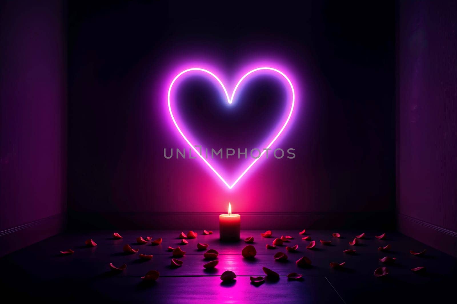 A dramatic neon heart glows in a dark room, outlined in pink and blue lights. A single candle and scattered rose petals add warmth and depth, with volumetric lighting enhancing the intimate ambiance.