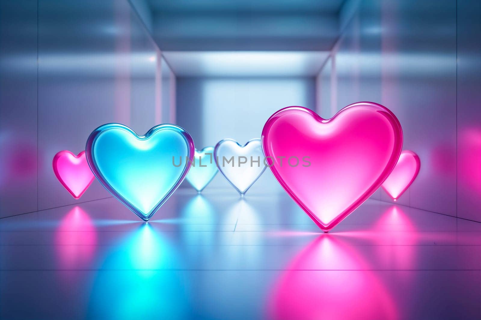 A futuristic Valentine's Day scene featuring glowing digital hearts in pink and blue, floating in a sleek, minimalist environment. Reflections on polished metallic surfaces create depth and immersion